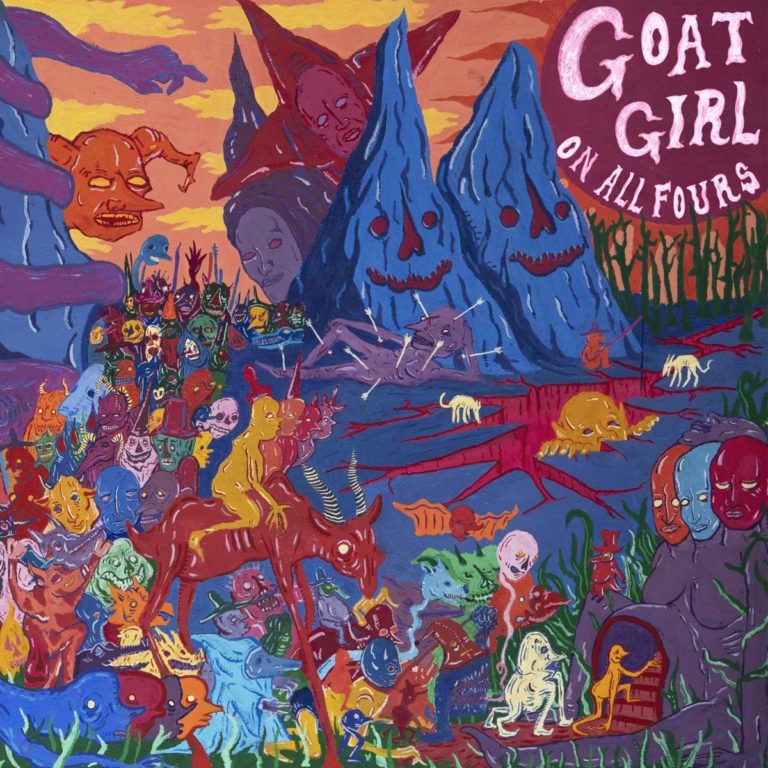 Albumcover von Goat Girl „On All Fours“ mit surrealer, bunter Szenerie aus Dämonen, Tieren, Gesichtern und bizarren Landschaftsformen.