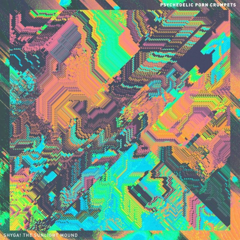 Buntes, digital verfremdetes Cover in Neonfarben mit geometrisch-abstraktem Muster in Pink, Grün, Orange, Blau und Lila – psychedelisch, hektisch, chaotisch.