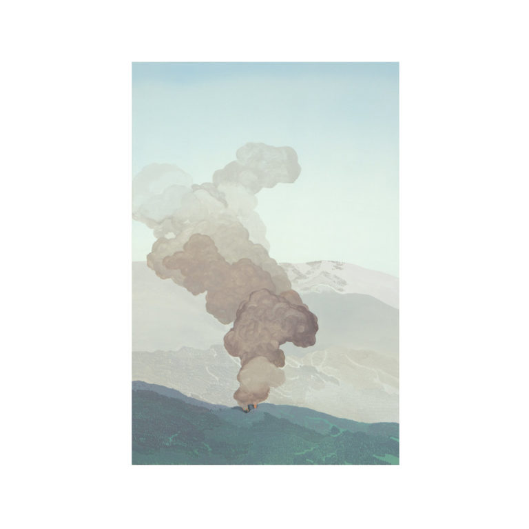 Albumcover von Somewhere zeigt eine stilisierte Landschaft mit aufsteigendem Rauch aus einem winzigen Haus inmitten bewaldeter Hügel, vor pastellblauem Himmel – gemalt in zarten, beinahe surrealen Farben.