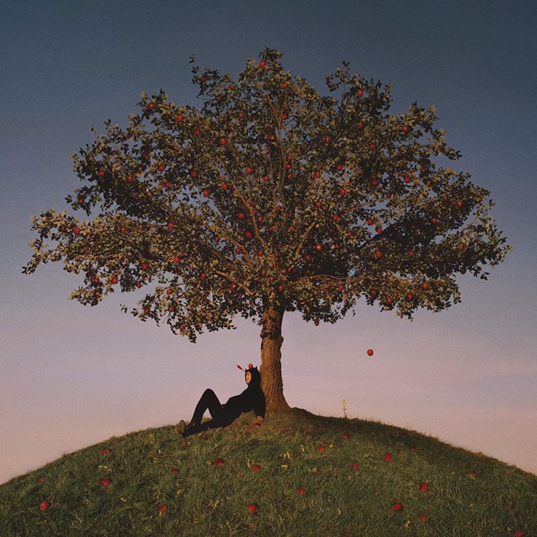 Albumcover von TYRON zeigt einen Apfelbaum auf einer kleinen Anhöhe im Abendlicht. Slowthai lehnt entspannt am Stamm, während rote Äpfel um ihn herum auf den Boden fallen – ruhig, symbolisch und introspektiv.