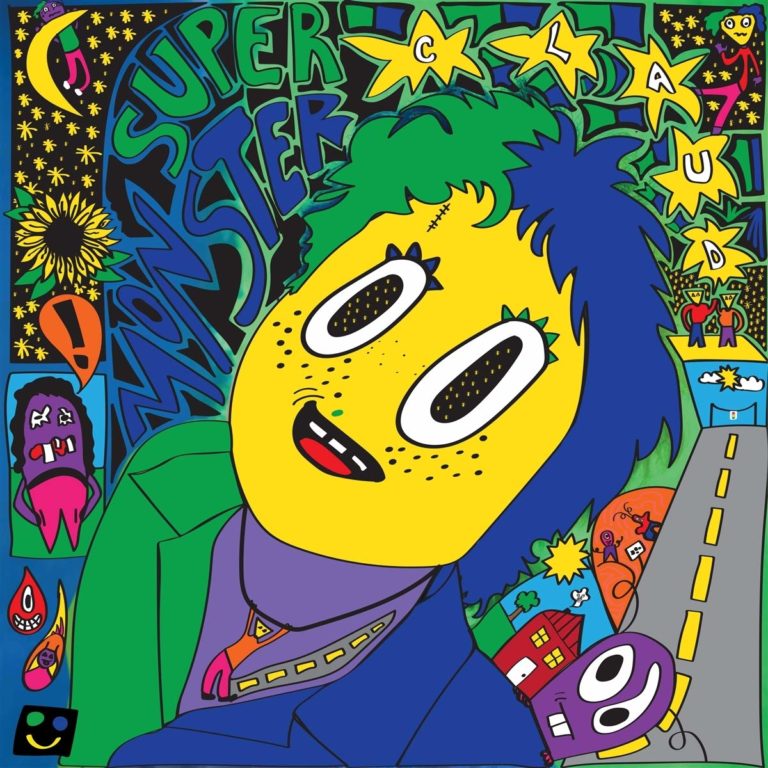 Buntes, cartoonartiges Albumcover von Claud „Super Monster“, mit stilisierter gelber Figur mit übergroßen Augen, umgeben von popkulturellen Symbolen, Sternen, Häusern und Comic-Figuren vor psychedelischem Hintergrund.