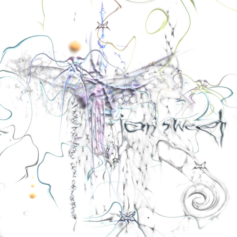 Abstraktes, digital verzerrtes Albumcover mit wirbelnden Linien, fragmentierten Strukturen und zarten Neonfarben auf weißem Hintergrund. Der Titel „Show Me How You Disappear“ ist nur halb sichtbar in verzogener Schrift, eingebettet in ein schwebendes Chaos aus Texturen, Symbolen und Lichtreflexen. Das Bild wirkt entrückt, fragil und wie ein visueller Stream of Consciousness.
