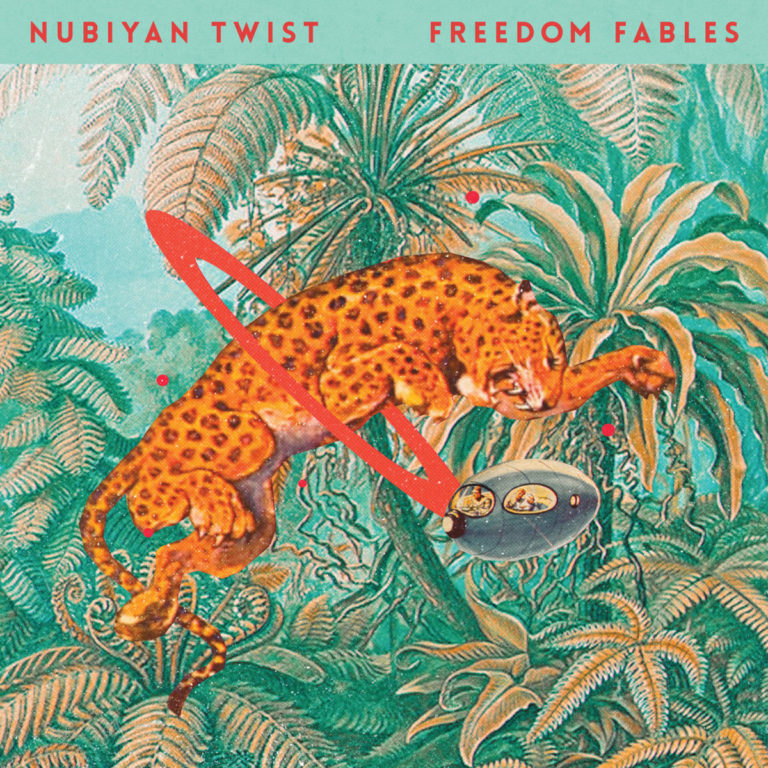 Albumcover von Freedom Fables der Band Nubiyan Twist: Eine surreal anmutende Collage zeigt einen springenden Leoparden im dichten Dschungel, flankiert von einem retro-futuristischen Mini-UFO mit Passagieren. Der Look verbindet exotische Naturdarstellung mit Science-Fiction-Elementen im Pop-Art-Stil.