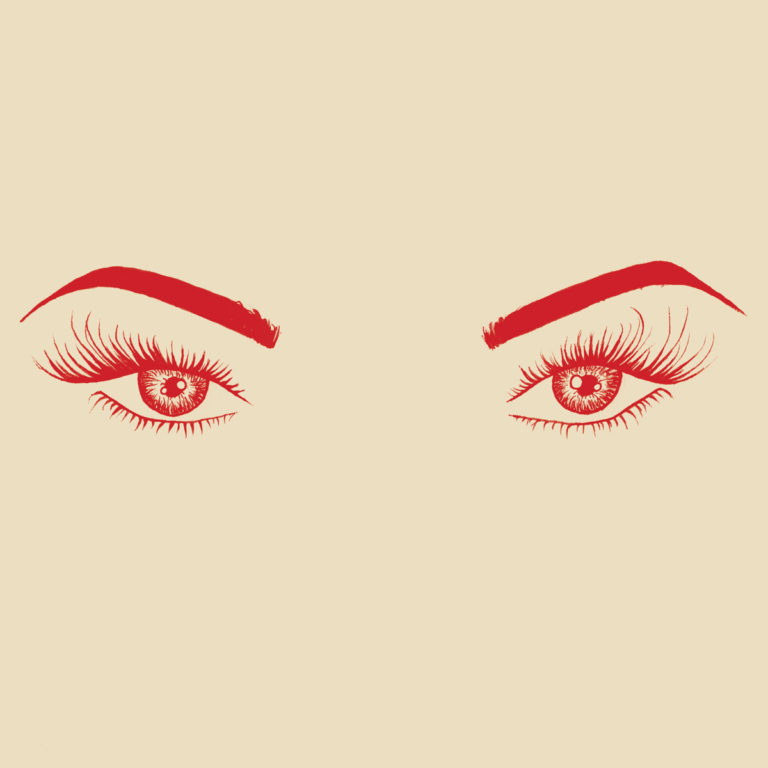 Rotes, minimalistisches Augenpaar mit ausdrucksstarkem Blick, grafisch illustriert auf beigem Hintergrund – reduziert, intensiv, symbolisch.