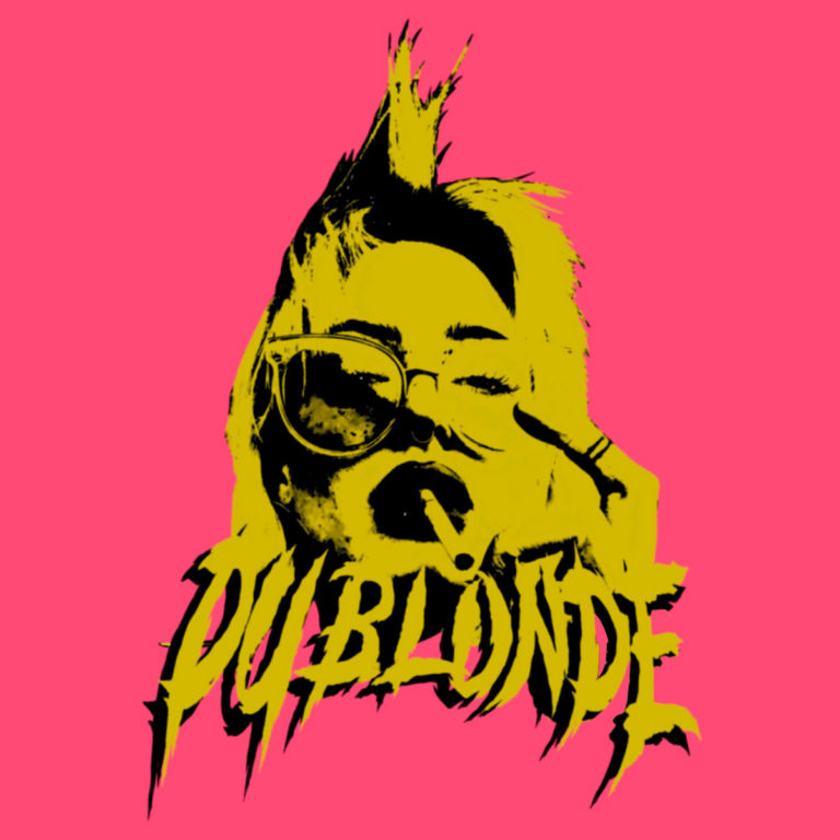 Neonfarbenes Coverbild von Du Blonde mit punkiger Illustration eines rauchenden Gesichts in Gelb auf pinkem Hintergrund, stilisierter Schriftzug.