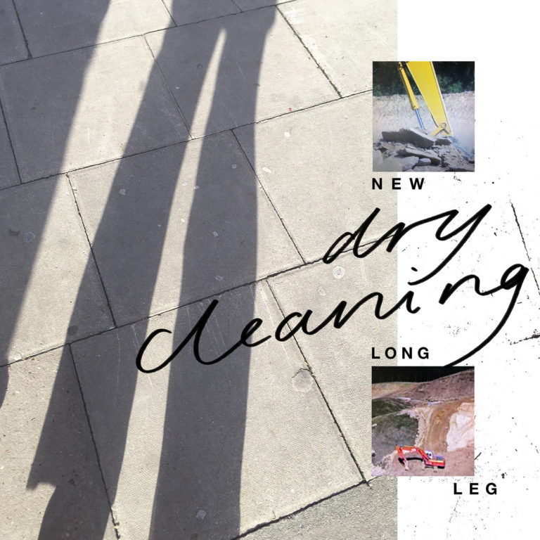 Albumcover von New Long Leg von Dry Cleaning: Pflastersteine mit langen Schlagschatten, kombiniert mit handschriftlichem Bandnamen und Miniaturfotos von Baustellen.