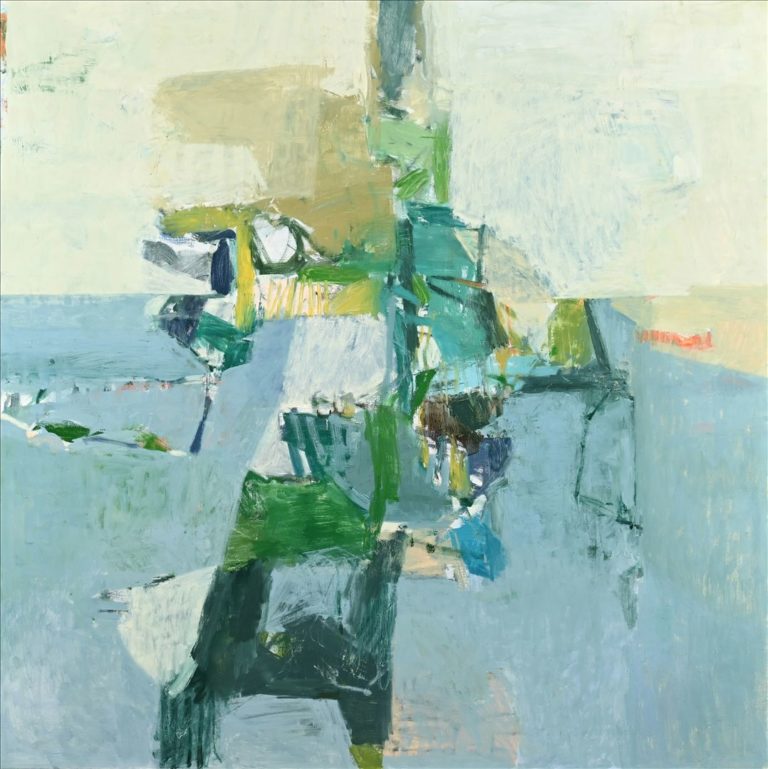 Abstraktes Gemälde in Pastelltönen als Cover zu Course In Fable von Ryley Walker – mit flächigen Pinselstrichen in Grün, Blau, Beige und Weiß.