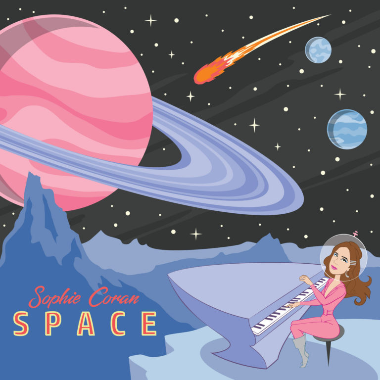 Illustration mit Sophie Coran im pinken Raumanzug, die auf einem futuristischen Keyboard vor einem rosa Saturn-Planeten spielt – cartoonhaft, verspielt und kosmisch