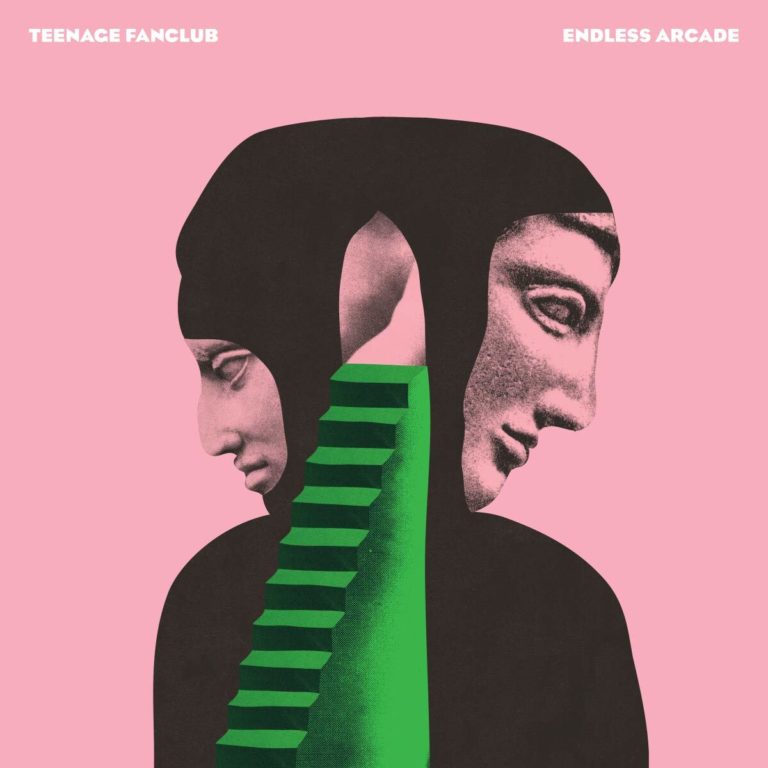 Albumcover von Endless Arcade mit zwei stilisierten Köpfen in Schwarz und Steinoptik, verbunden durch eine grüne Treppe auf rosafarbenem Hintergrund