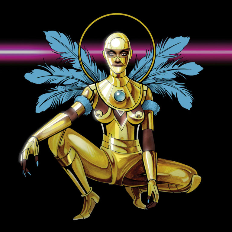 Illustration einer goldenen, futuristischen Frauengestalt mit Heiligenschein und blauen Federn auf schwarzem Hintergrund. Sie hockt in selbstbewusster Pose, ihre Rüstung erinnert an Sci-Fi und afro-futuristische Ikonografie. Ein pinker Lichtstrahl schneidet horizontal durch das Bild.