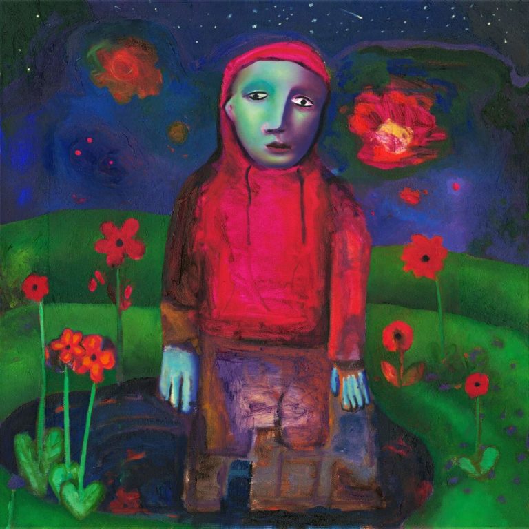 Gemaltes Albumcover mit einer Figur in rotem Hoodie und blauen Händen, die inmitten von roten Blumen auf grünem Hügel unter einem dunklen Sternenhimmel steht. Der Stil wirkt verträumt, naiv und leicht surreal.