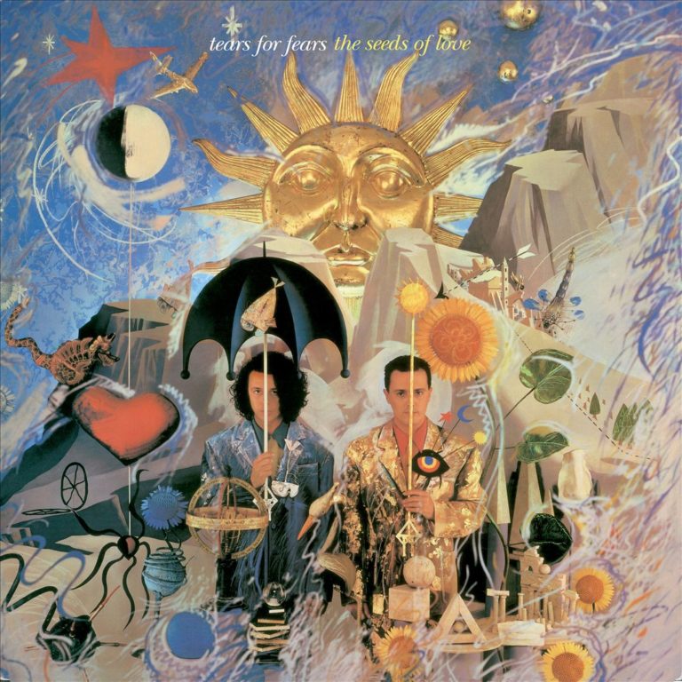 Albumcover von Tears for Fears mit surrealen Elementen, Sonnenmotiv und den Künstlern in glänzenden Outfits.