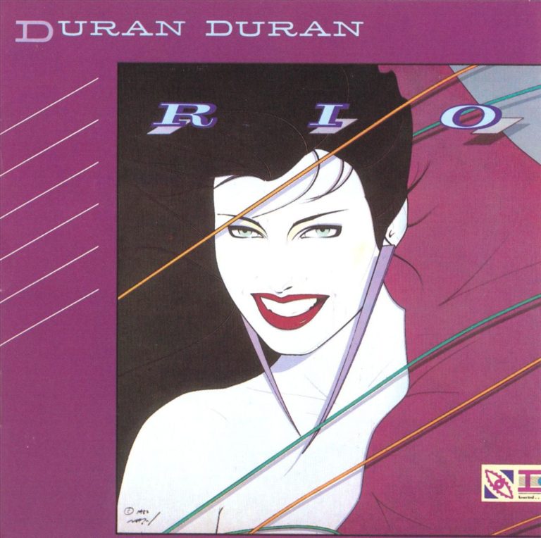 Albumcover von Duran Duran mit einer stilisierten Frau und bunten geometrischen Linien.