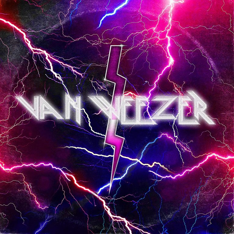 Grelles Albumcover mit Blitzen in Pink, Violett und Blau. In der Mitte steht ein gezackter Blitz über dem Schriftzug „Van Weezer“ in metallischer Schrift.