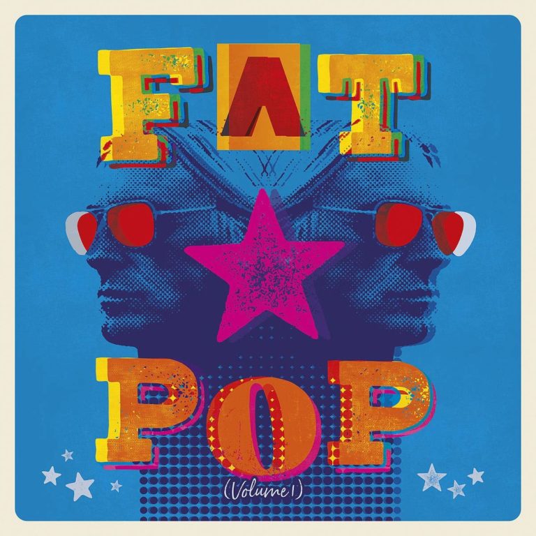 Knallbuntes, retroinspiriertes Albumcover in Blau, Gelb, Pink und Orange mit gespiegelt dargestelltem Porträt von Paul Weller in Sonnenbrille. In der Mitte ein pinker Stern, drumherum der Schriftzug Fat Pop (Volume 1) in großen Lettern.