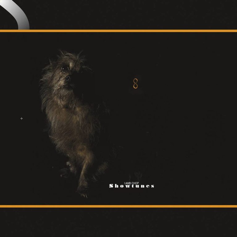 Dunkles Albumcover von Lambchops „Showtunes“, zentriert ein zotteliger Hund im Schatten, nur schwach vom Licht erfasst. Dezente grafische Linien und der Schriftzug „Showtunes“ ergänzen die minimalistische, melancholische Ästhetik.
