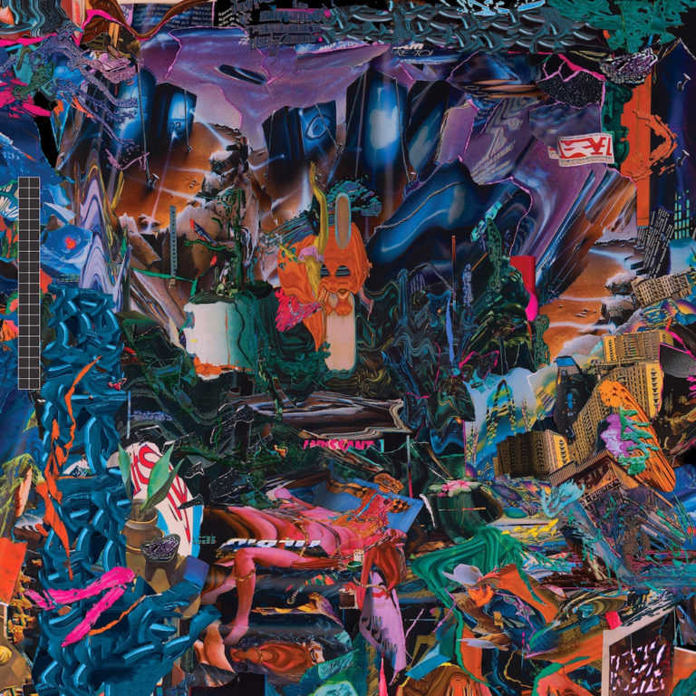 Buntes, überladenes Albumcover mit kaleidoskopischer Struktur. Abstrakte Formen und Figuren verschmelzen zu einem chaotisch-lebendigen, psychedelischen Gesamteindruck.