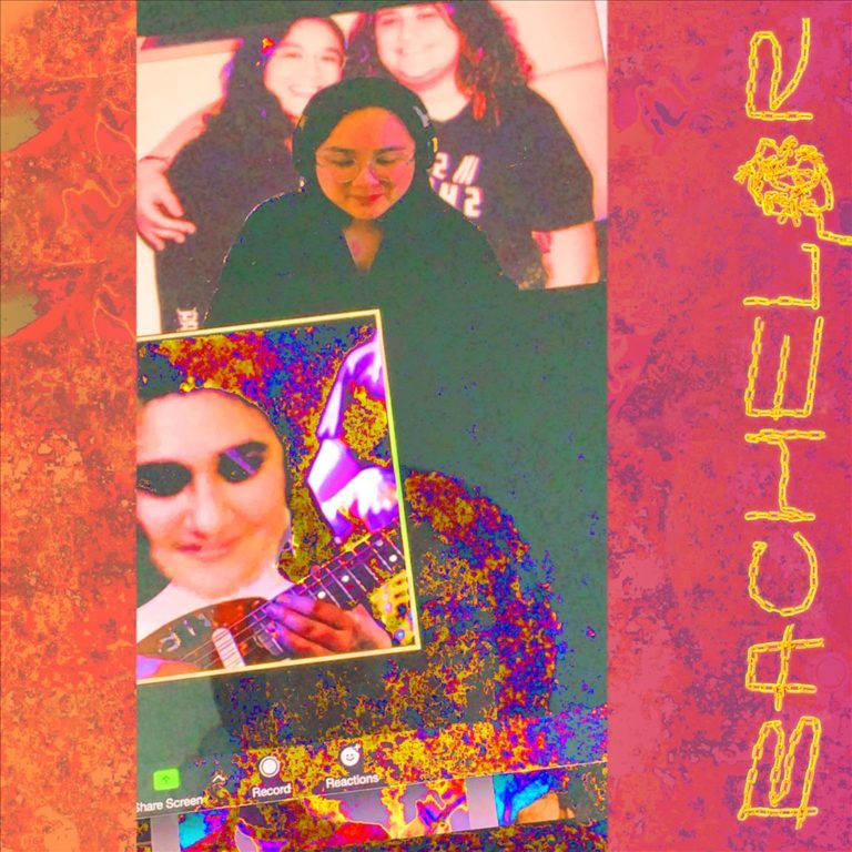 Bunt verfremdetes digitales Collagenbild mit zwei Musikerinnen, darunter ein Screenshot einer Videokonferenz mit Gitarrenmotiv. Farben psychedelisch überzeichnet, rechts vertikaler Schriftzug „Bachelor“.
