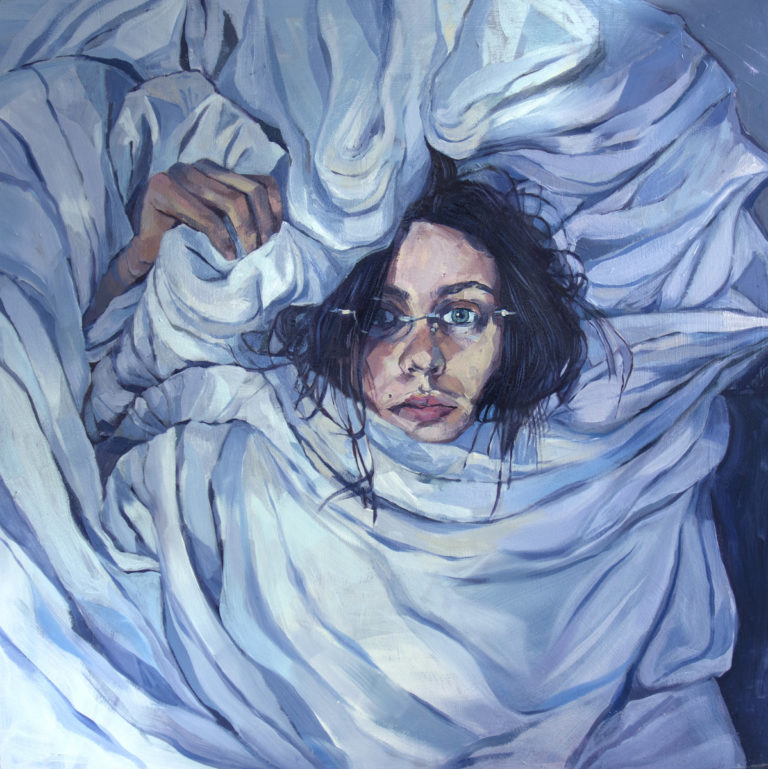 Gemaltes Cover von PACKS’ Take The Cake: Eine junge Frau mit Brille blickt aus einem zerwühlten Haufen blauer Decken hervor, mit nachdenklichem Ausdruck.
