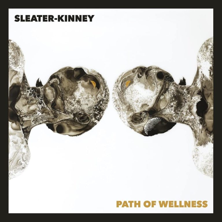 Albumcover „Path of Wellness“ von Sleater-Kinney mit abstrakten, symmetrisch angeordneten Gesichtern in Schwarz-Weiß auf weißem Grund.