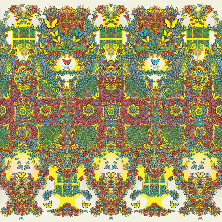 Buntes, kaleidoskopisches Artwork aus tausenden stilisierten Schmetterlingen in Gelb, Rot, Grün und Blau, symmetrisch und psychedelisch angeordnet.