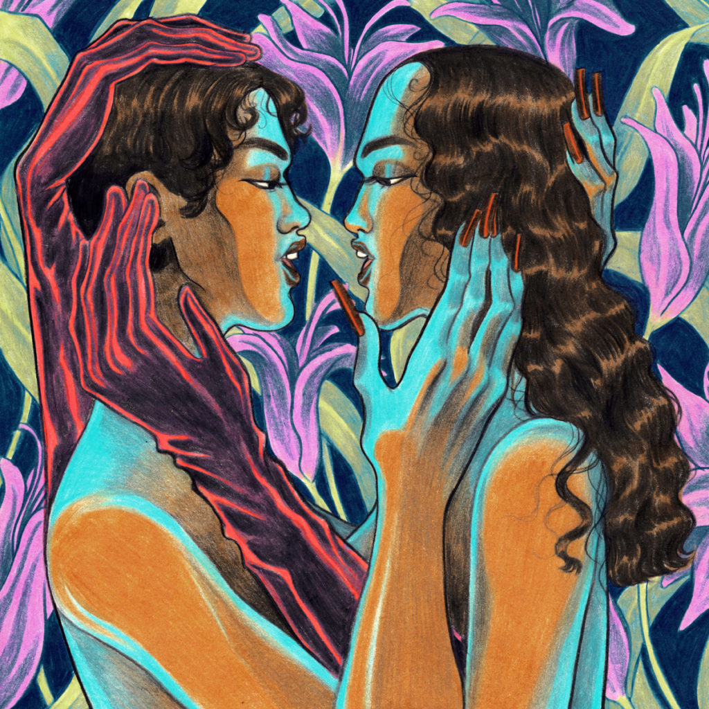 Illustration des Albumcovers Broken Hearts & Beauty Sleep von Mykki Blanco mit zwei sich innig umarmenden Personen vor floralem Hintergrund.