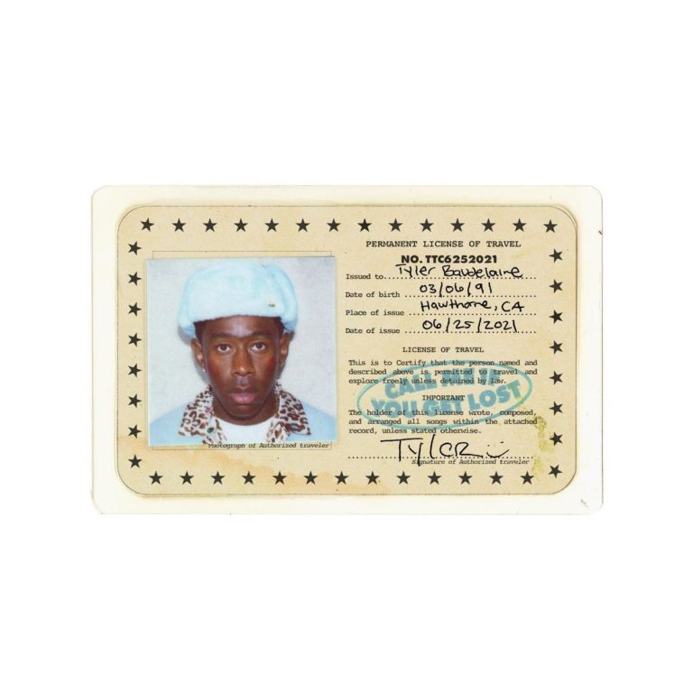 Albumcover von Tyler, The Creator – Call Me If You Get Lost: Stilisiert als Reisedokument mit Passfoto, persönlicher Info und retro-inspiriertem Design samt "You’re Lost"-Stempel.