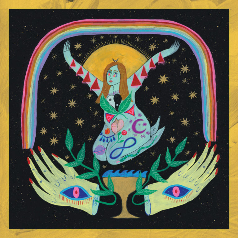 Eine bunte, spirituell aufgeladene Illustration zeigt eine Frau mit ausgebreiteten Armen unter einem Regenbogen, umgeben von Sternen, Symbolen, Pflanzen und zwei offenen Händen mit Augen – ein psychedelisches, mystisch-verspieltes Artwork auf schwarzem Hintergrund mit goldener Umrandung.