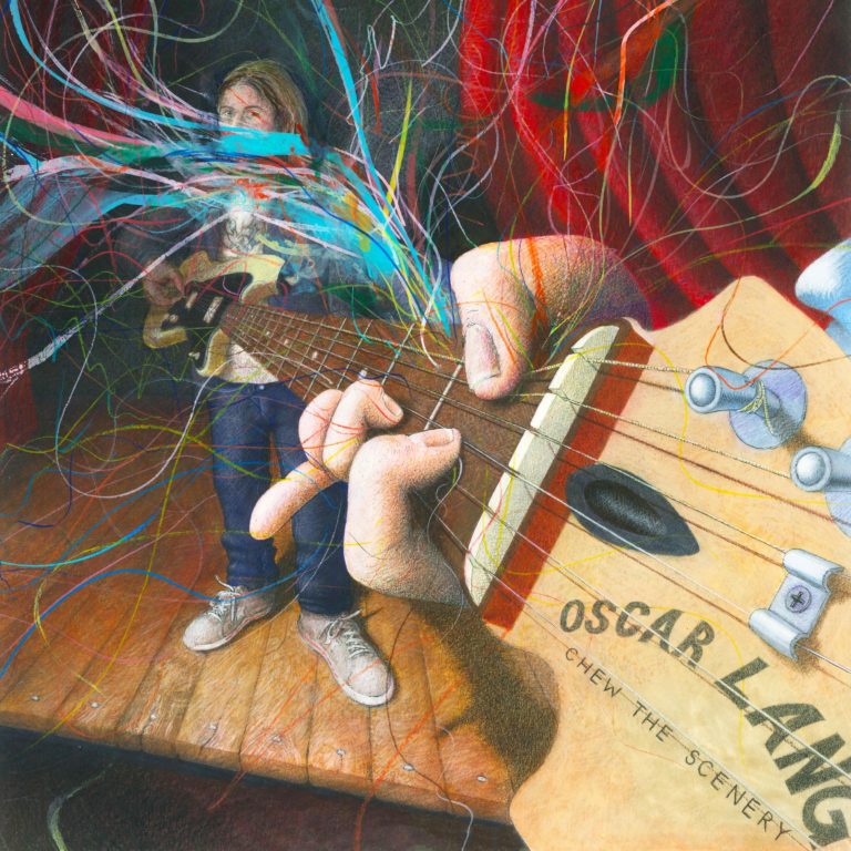 Illustration einer verzerrten Gitarrenperspektive mit bunten Klangfäden – Oscar Lang im Hintergrund, zwischen Bühne, Pop und Überforderung.