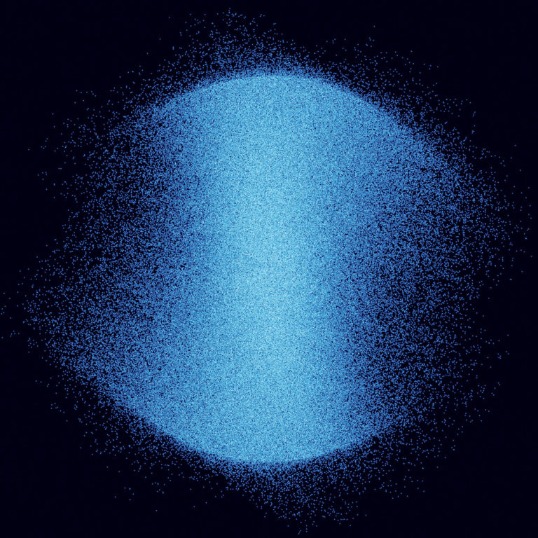 Eine dichte Wolke aus blauen Partikeln auf schwarzem Grund – wie ein sonisches Echo in visueller Form. Die Form wirkt sphärisch und meditativ.