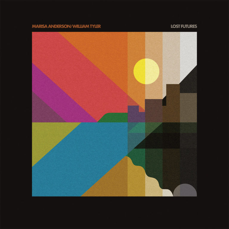 Abstraktes Albumcover von Lost Futures von Marisa Anderson und William Tyler: geometrische Formen in kräftigen Farben zeigen stilisiert Landschaft, Sonne, Wasser und Gebäude – ein Sonnenuntergang zwischen Natur und Stadt.