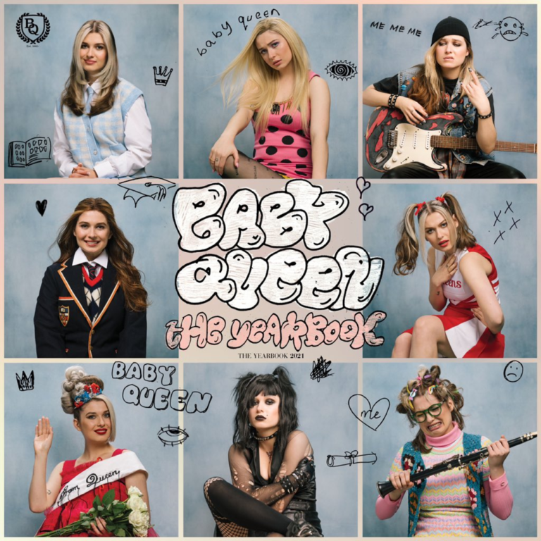 Collage aus acht Porträts von Baby Queen in verschiedenen Outfits und Rollen, mit dem Albumtitel "The Yearbook" in der Mitte auf grauem Hintergrund.