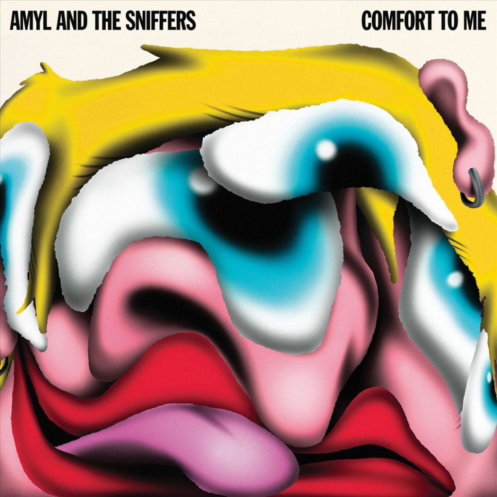 Psychedelisch-verzerrtes Artwork mit grellen Farben und überzeichneten Gesichtszügen – Cover zum Punk-Album „Comfort To Me“ von Amyl and the Sniffers.