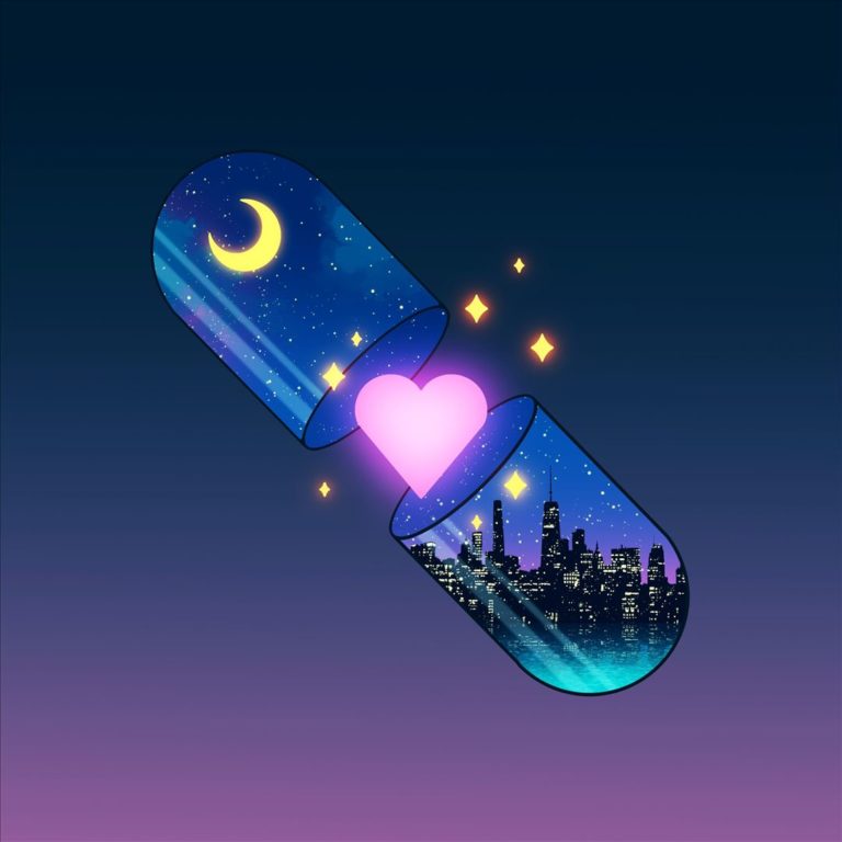 Illustration einer leuchtenden Kapsel mit Herz, Stadt-Skyline und Nachthimmel – farbenfrohes Cover zum Album „Back In Love City“ von The Vaccines.
