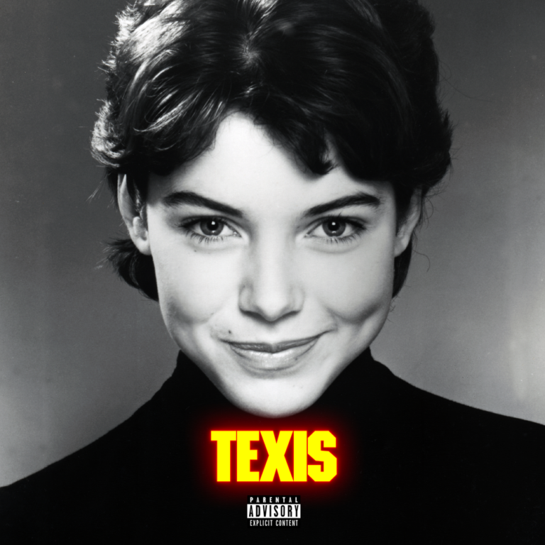 Schwarzweiß-Porträt mit Retro-Charme, darunter in leuchtendem Gelb-Rot der Titel „TEXIS“ – das knallige, kontrastreiche Albumcover von Sleigh Bells.