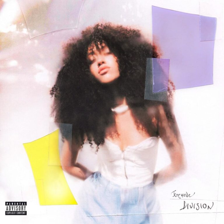 Dreamy Retro-Artwork mit Jenevieve im Fokus, umgeben von transparenten Farbfeldern in Lila und Gelb – Cover zum Debütalbum „Division“.