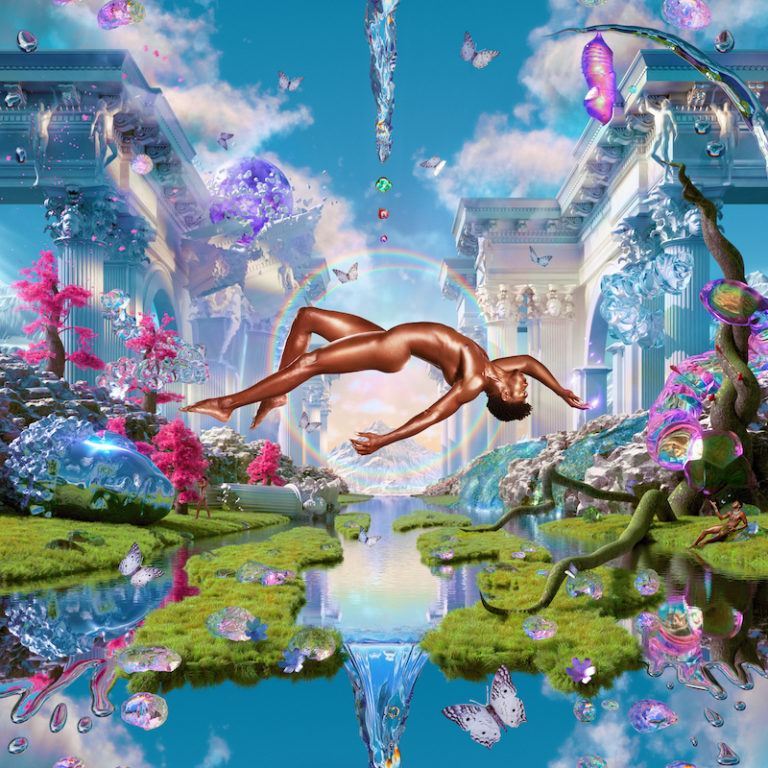 Surreales Fantasy-Cover zu „Montero“ von Lil Nas X – schwebender nackter Körper in bunter Traumwelt zwischen digitalem Eden und Queer-Utopie.