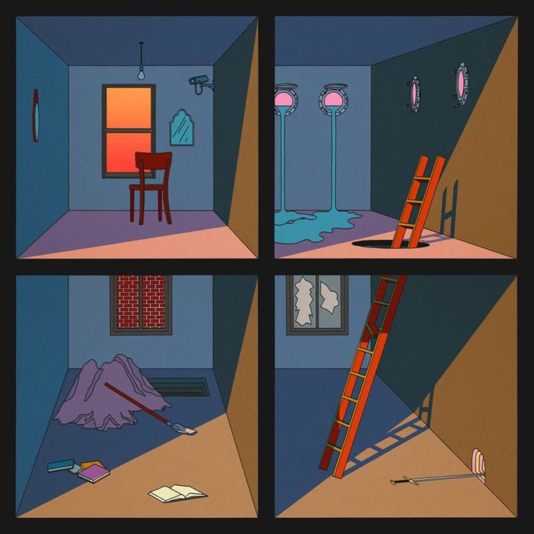Illustratives Albumcover mit vier abstrahierten Zimmern in kräftigen Farben, verbunden durch Leitern, Fenster und Perspektivwechsel.