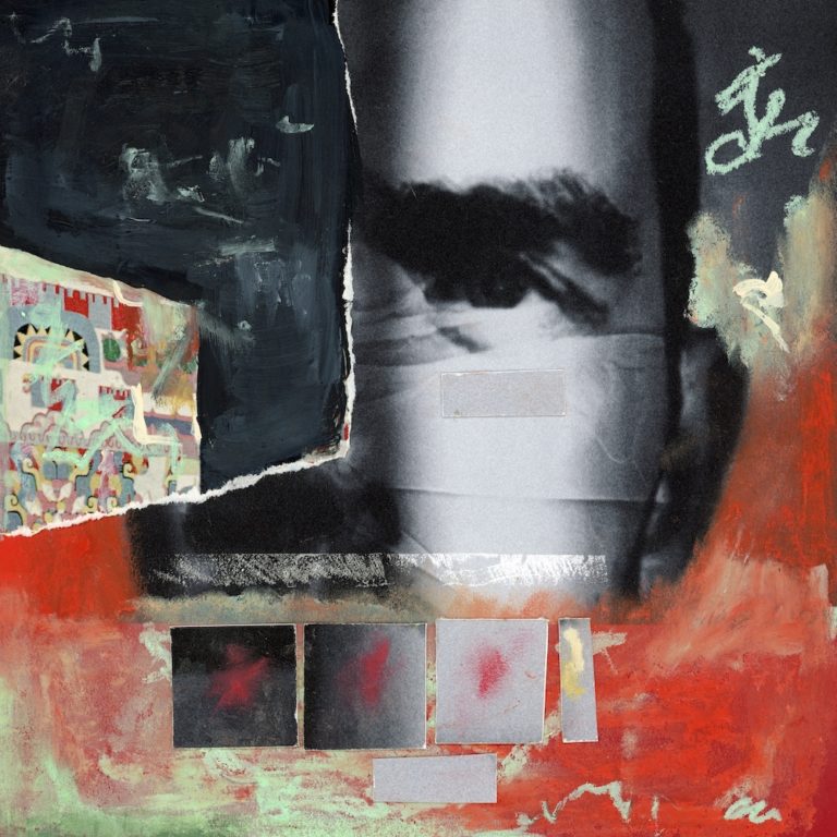 Abstraktes, collagiertes Albumcover mit verwischtem Porträt, roten Farbfeldern, Textfragmenten und grafischen Elementen – introspektiv und expressiv zugleich.