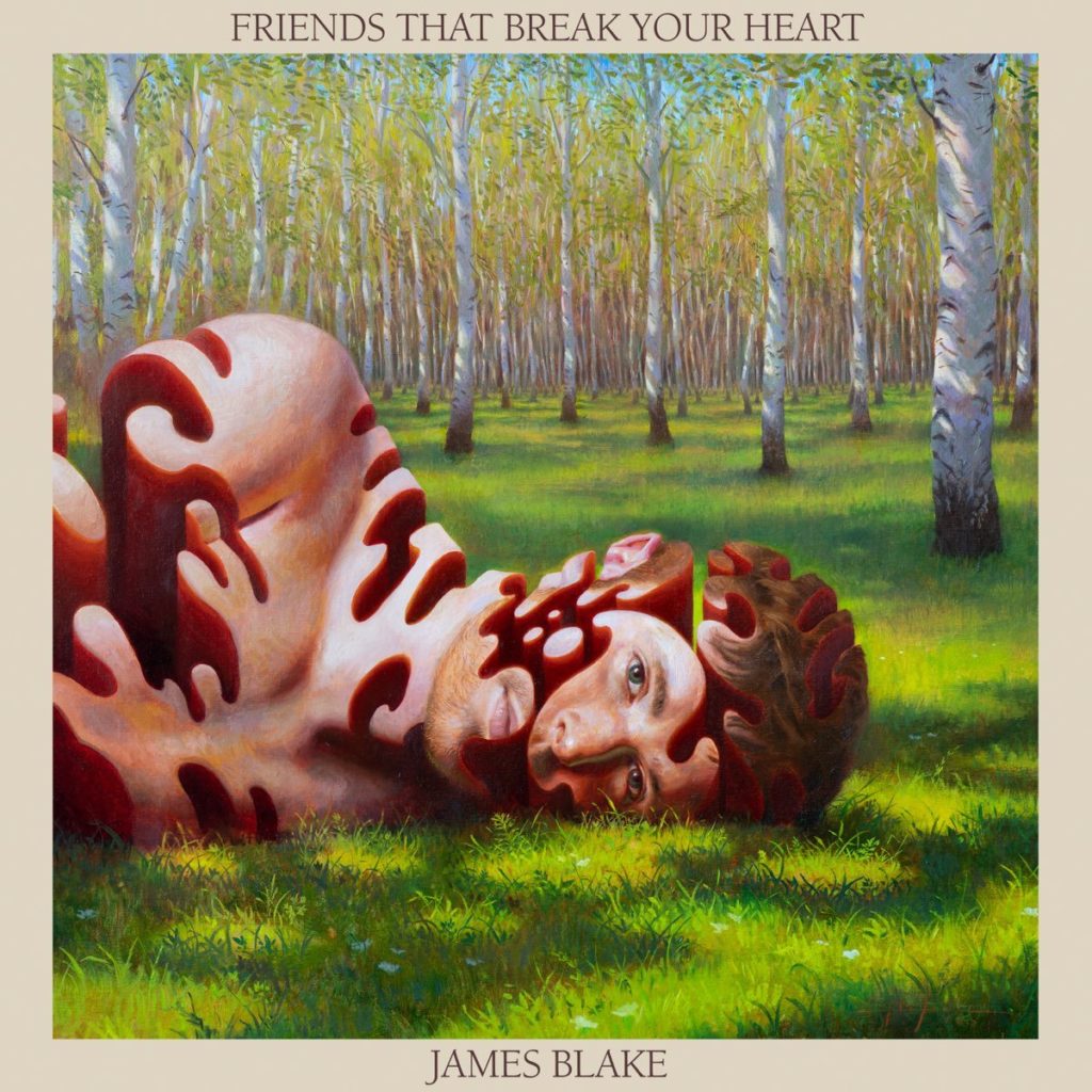 Albumcover von James Blake – „Friends That Break Your Heart“: Gemaltes Porträt des Künstlers, liegend auf einer Wiese, mit rötlich abstrahierten Hautpartien in einem Birkenwald.