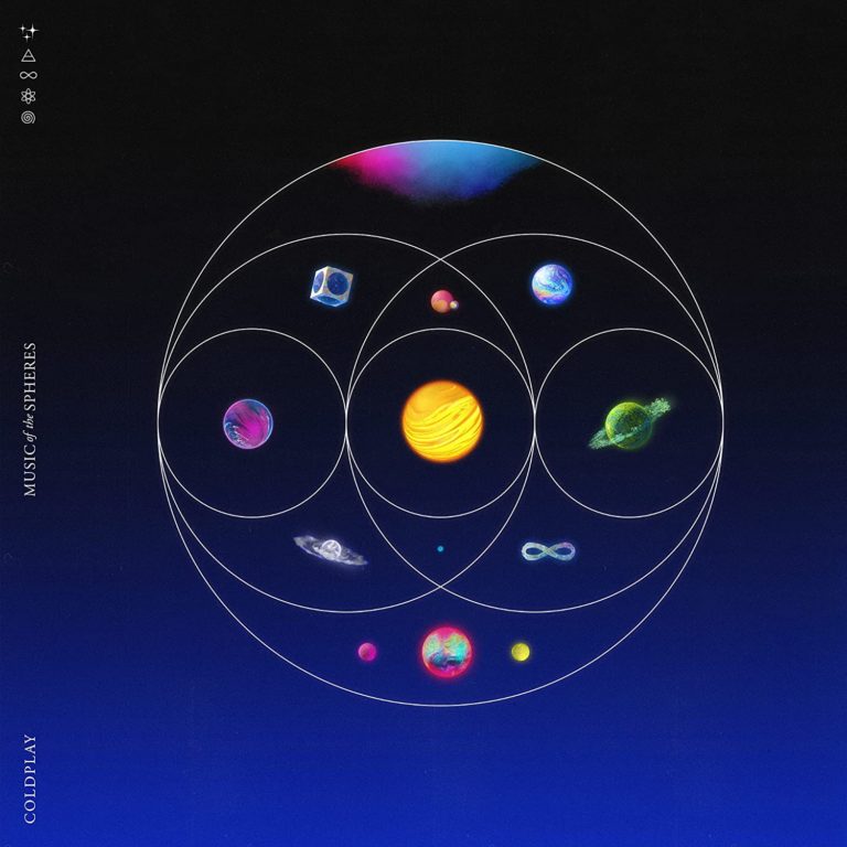 Albumcover von Coldplay – „Music of the Spheres“: Farbige Planeten und geometrische Bahnen auf dunklem, galaktischem Hintergrund.
