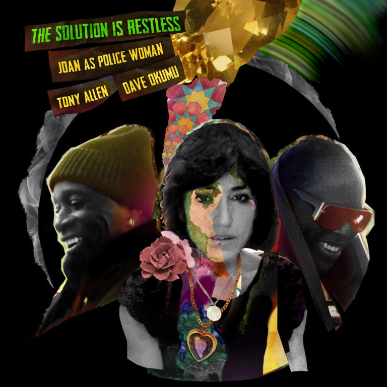Collageartiges Albumcover mit Joan As Police Woman, Tony Allen und Dave Okumu – zwischen Gold, Blume, Herz-Anhänger und geometrischer Textur.