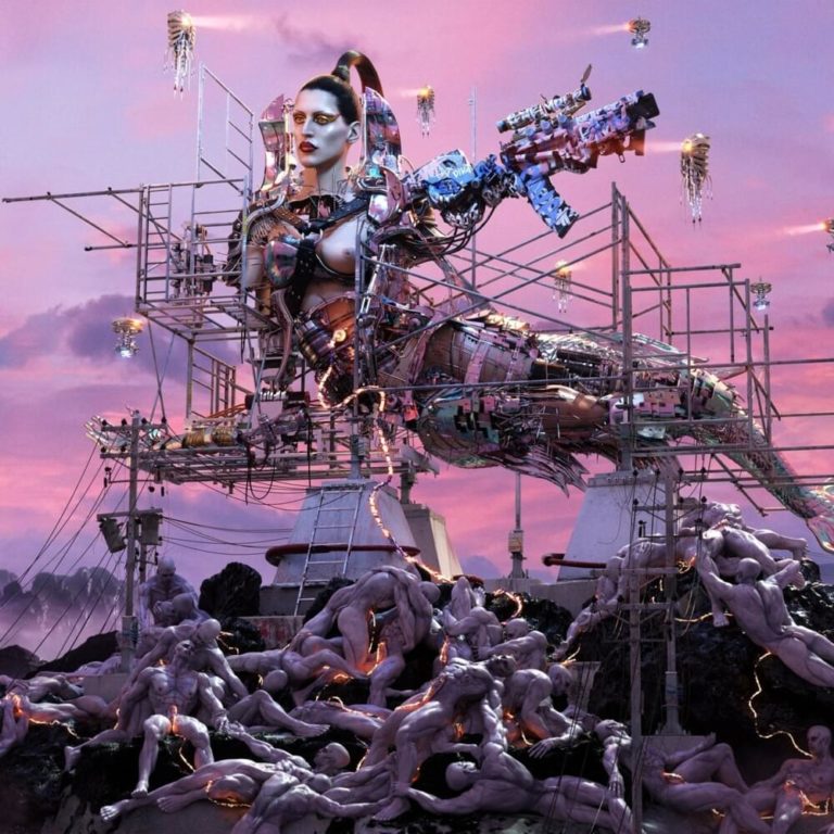 Futuristische, cyborgartige Frauenfigur liegt auf einer Plattform über einem Haufen nackter Körper, umgeben von metallischen Strukturen und Drohnen, vor lilafarbenem Himmel.
