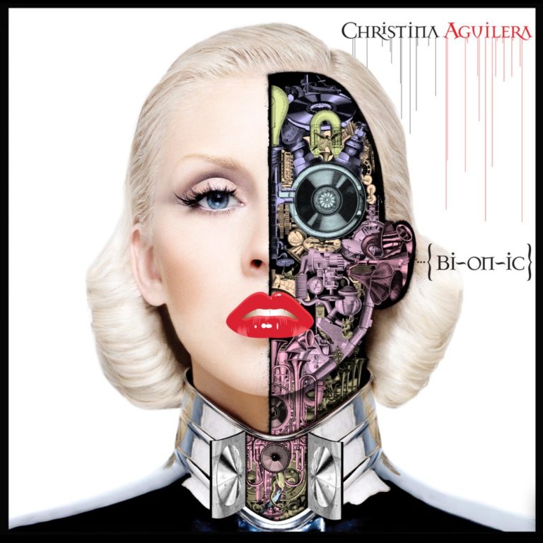 Coverbild von Christina Aguileras Album Bionic mit einer halb menschlichen, halb mechanischen Darstellung.