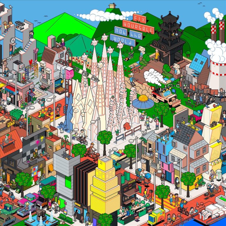 Albumcover im Pixel-Art-Stil zu Fix Yourself, Not the World von The Wombats – buntes Stadtpanorama mit Ironie, Chaos und popkulturellen Referenzen.