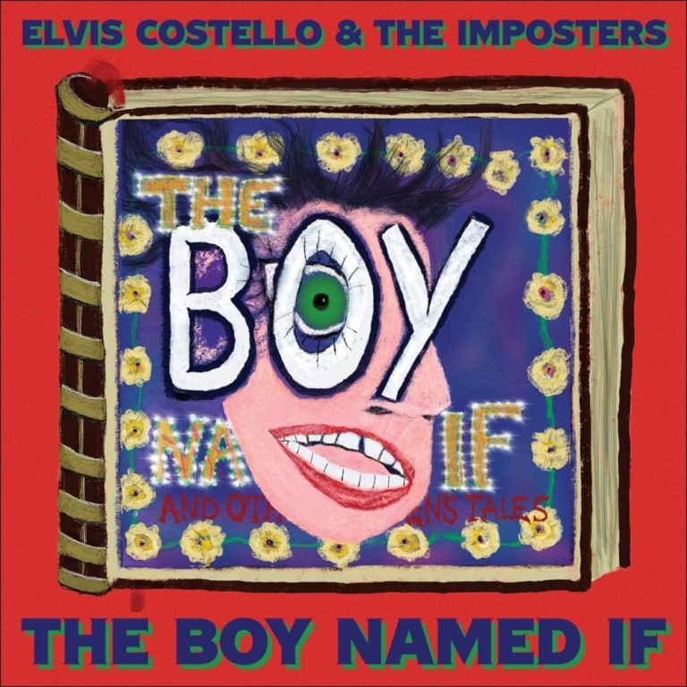 Albumcover von The Boy Named If zeigt ein farbenfrohes, kindlich-verspieltes Porträt mit verzerrtem Gesicht auf einem illustrierten Buchumschlag – surreal, retro und schrill.