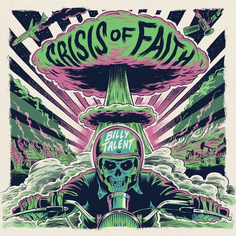 Comicartiges Albumcover zu Crisis of Faith von Billy Talent mit einem Totenkopf auf einem Motorrad vor einem Atompilz – grelle Farben und apokalyptische Symbolik.