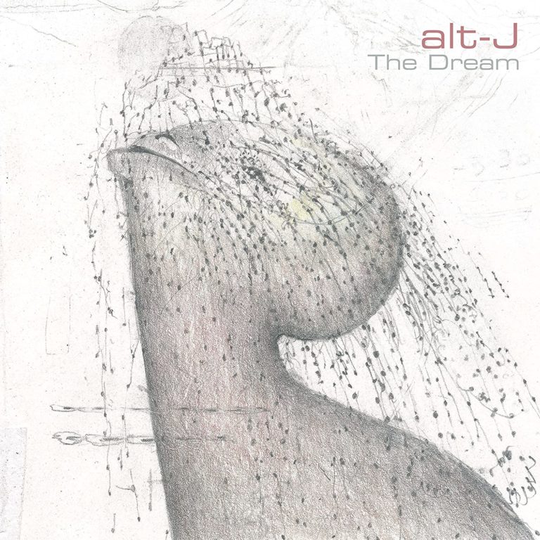 Skizzenhaftes, surreal wirkendes Cover zu „The Dream“ von alt-J zeigt eine abstrakte Figur mit gesenktem Kopf, überzogen von feinen Linien wie Tränen oder Fäden.