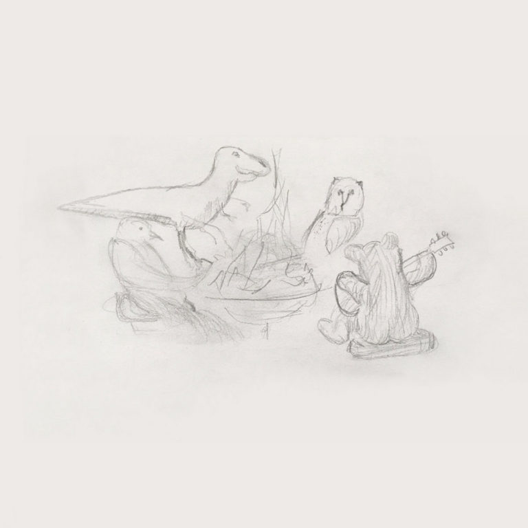 Zart gezeichnete Bleistift-Skizze: Ein Bär spielt Gitarre für eine Runde tierischer Zuhörer – darunter Eule, Dino und Schildkröte – Cover zu Big Thief’s „Dragon New Warm Mountain I Believe in You“