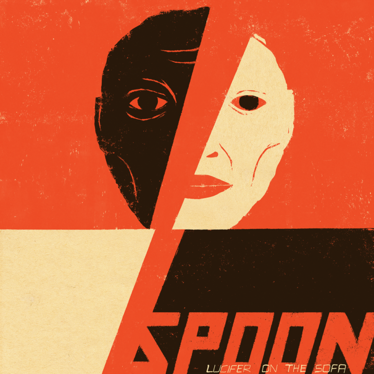 Albumcover von „Lucifer on the Sofa“ von Spoon – ein grafisch stilisiertes, halbiertes Porträt in kräftigem Rot-Schwarz-Beige-Kontrast mit dem Bandnamen in kantiger Retro-Typografie.
